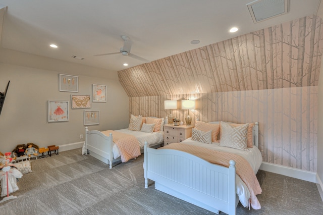 carpeted bedroom featuring ceiling fan and lofted ceiling