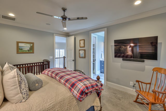 bedroom featuring ceiling fan, carpet flooring, and ornamental molding