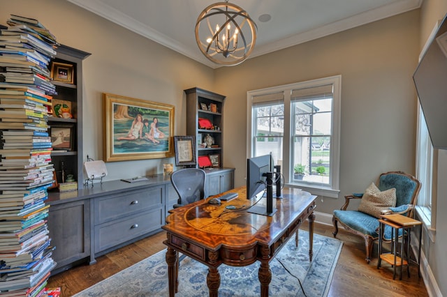 home office with an inviting chandelier, crown molding, and dark hardwood / wood-style flooring