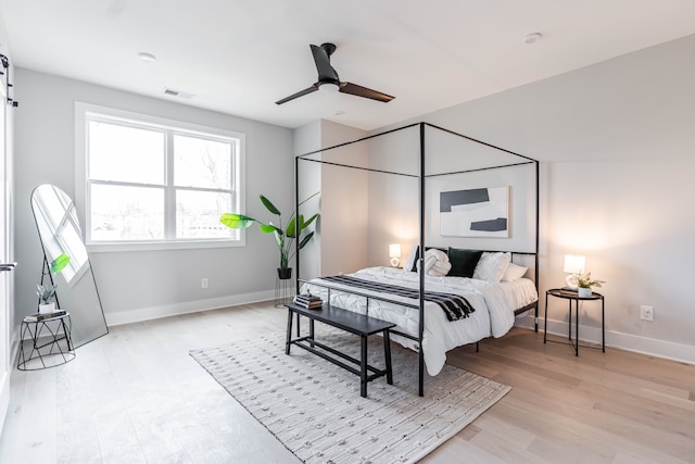 bedroom featuring ceiling fan and light hardwood / wood-style flooring