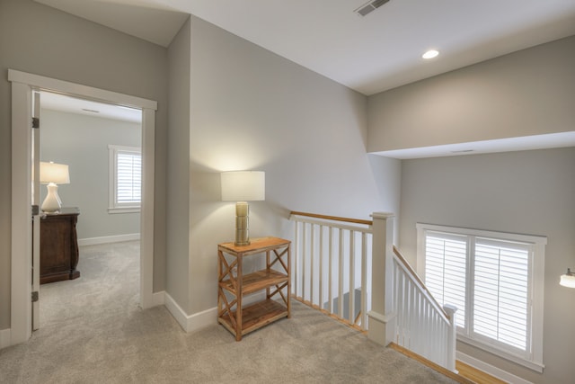 hall featuring light carpet and a healthy amount of sunlight