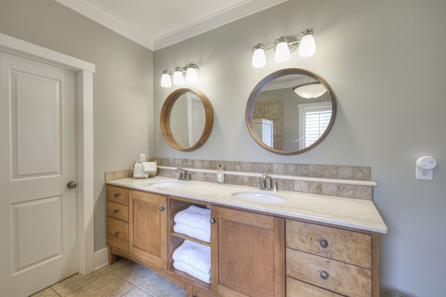 bathroom with vanity, tile patterned flooring, and ornamental molding