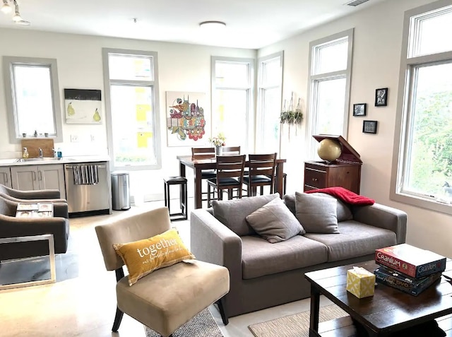 living room featuring sink and a healthy amount of sunlight