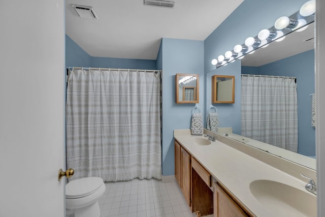 bathroom with tile patterned floors, walk in shower, vanity, and toilet