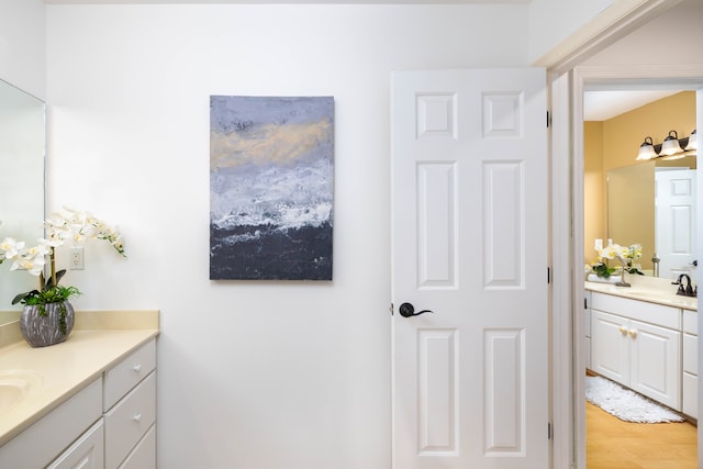 bathroom with hardwood / wood-style floors and vanity