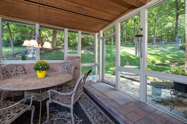 unfurnished sunroom with wood ceiling and an inviting chandelier