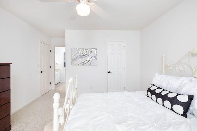 bedroom with light carpet and ceiling fan