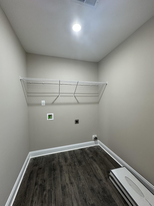 laundry room featuring hookup for a washing machine, dark wood-type flooring, and hookup for an electric dryer