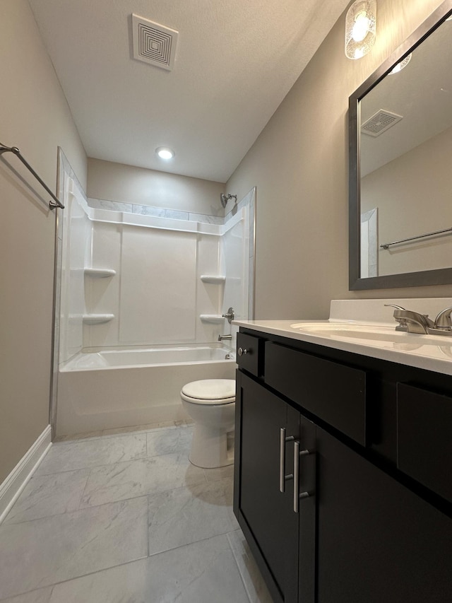 full bath featuring marble finish floor, visible vents, shower / bathing tub combination, toilet, and vanity