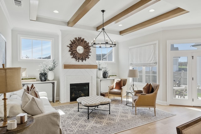 interior space with a healthy amount of sunlight, a large fireplace, light hardwood / wood-style flooring, and a notable chandelier