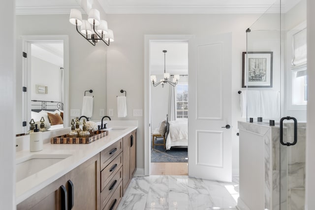 bathroom featuring crown molding, plenty of natural light, vanity, and a shower with shower door