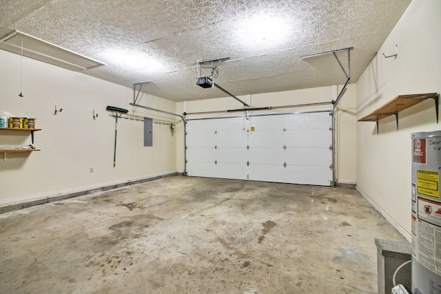 garage with electric panel, gas water heater, and a garage door opener