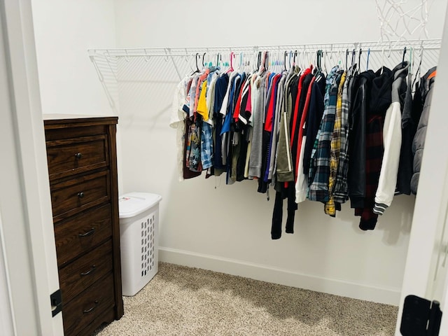 walk in closet featuring light colored carpet