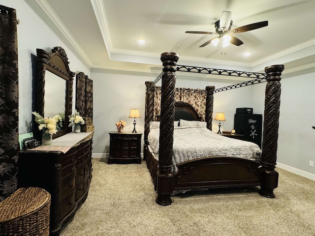 bedroom featuring light carpet, ceiling fan, and crown molding