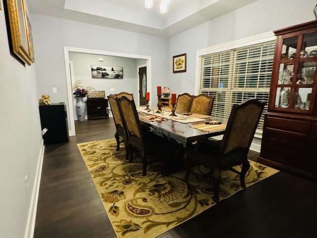 dining area with a raised ceiling and dark hardwood / wood-style flooring