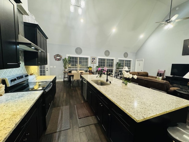 kitchen featuring sink, an island with sink, stainless steel appliances, dark hardwood / wood-style flooring, and ceiling fan