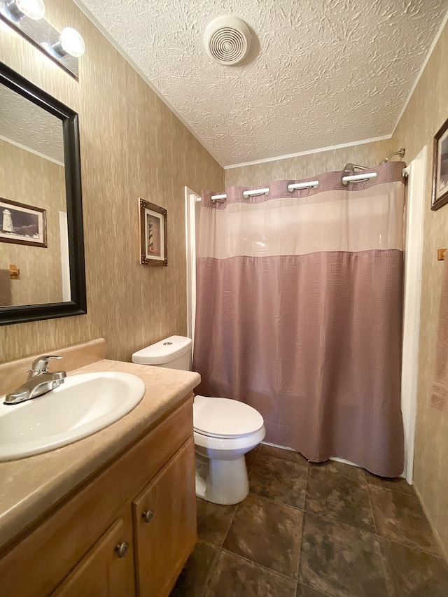 bathroom featuring a textured ceiling, vanity, and toilet