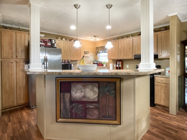 kitchen with ornamental molding, dark hardwood / wood-style flooring, an island with sink, and ornate columns