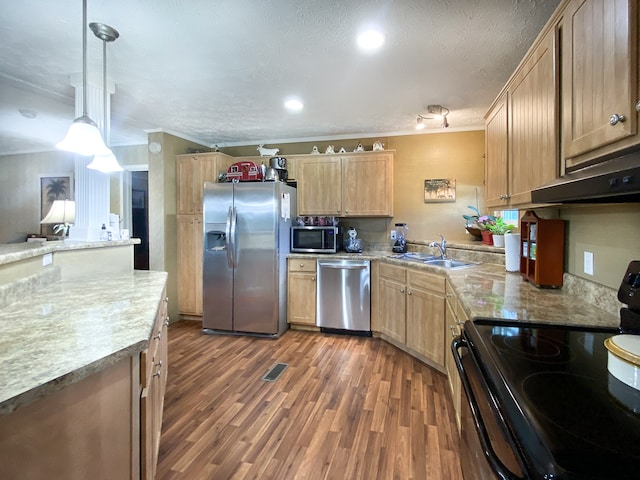 kitchen featuring pendant lighting, a textured ceiling, hardwood / wood-style flooring, appliances with stainless steel finishes, and light brown cabinetry