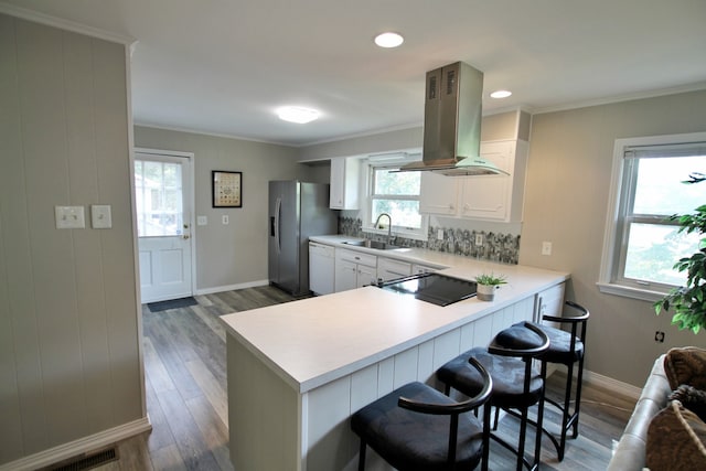 kitchen with kitchen peninsula, island exhaust hood, a healthy amount of sunlight, and sink