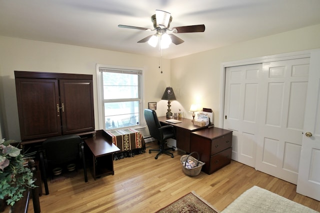 office area with ceiling fan, light hardwood / wood-style flooring, and baseboard heating