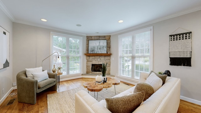 living room with a fireplace, hardwood / wood-style floors, and a wealth of natural light