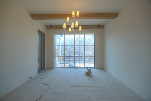 spare room with beam ceiling and a chandelier