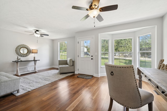 living room featuring wood-type flooring and ceiling fan