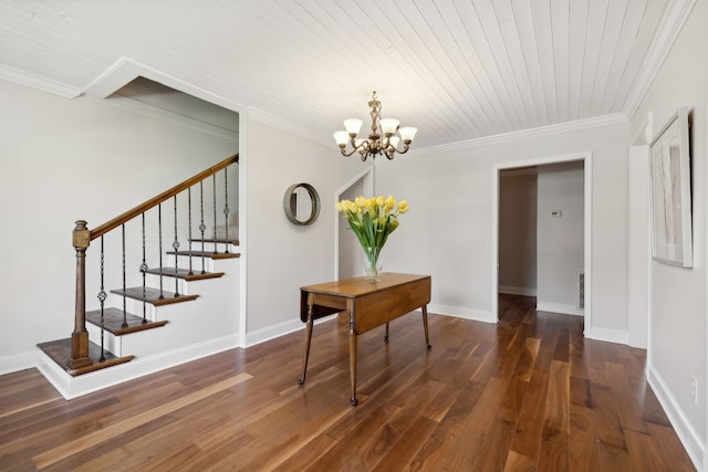 dining space featuring wood ceiling, ornamental molding, a notable chandelier, and dark wood-type flooring