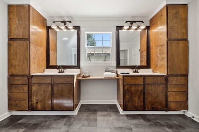 bathroom featuring ornamental molding and vanity