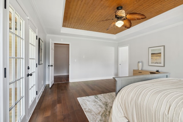 bedroom featuring dark hardwood / wood-style floors, a raised ceiling, ornamental molding, ceiling fan, and wooden ceiling