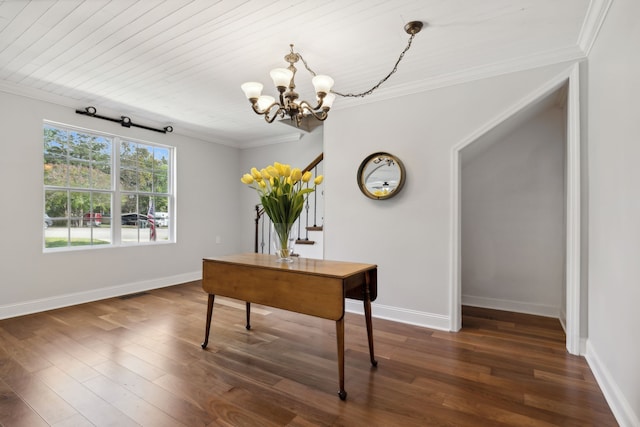 office featuring a notable chandelier, wooden ceiling, dark hardwood / wood-style floors, and crown molding