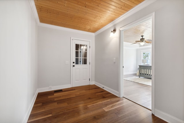 doorway with ornamental molding, wood ceiling, ceiling fan, and dark wood-type flooring