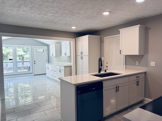 kitchen with a textured ceiling, black dishwasher, white cabinetry, and sink