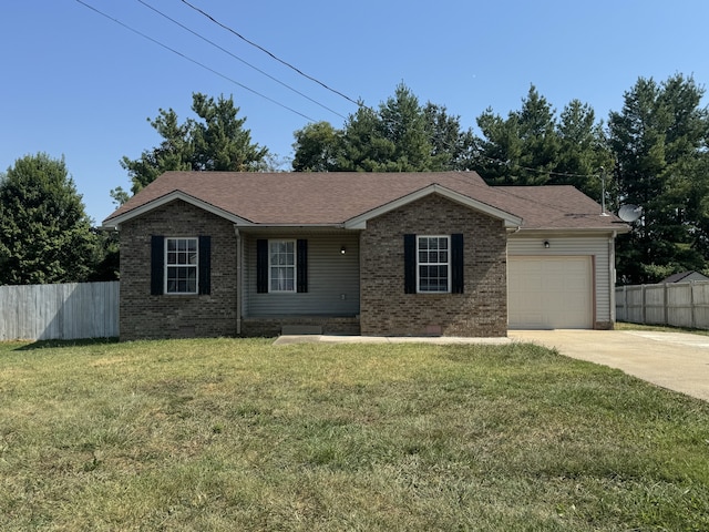 single story home featuring a front yard and a garage