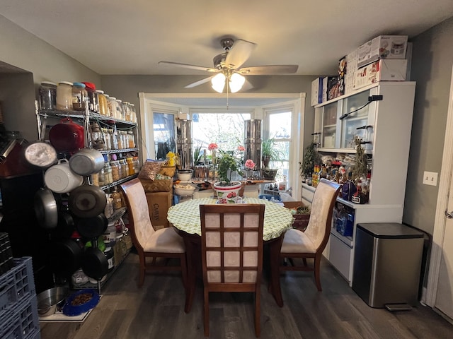 dining space featuring dark wood-type flooring and ceiling fan