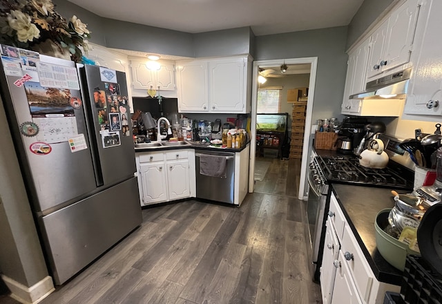 kitchen featuring white cabinetry, sink, dark hardwood / wood-style flooring, and stainless steel appliances