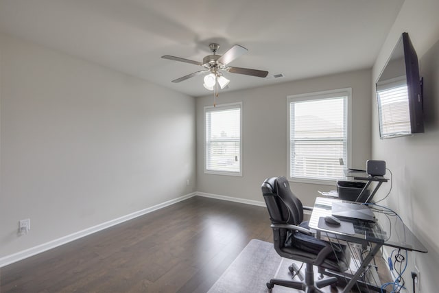 office space featuring ceiling fan and dark wood-type flooring