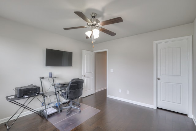 office space featuring ceiling fan and dark wood-type flooring