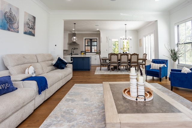 living room featuring crown molding, hardwood / wood-style floors, sink, and a notable chandelier