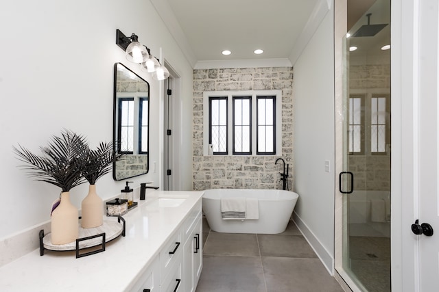 bathroom featuring crown molding, shower with separate bathtub, tile patterned flooring, and vanity