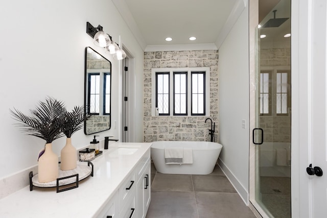 6821 Springwater St, Smyrna, TN 37167 - bathroom featuring vanity, recessed lighting, baseboards, a stall shower, and a freestanding bath