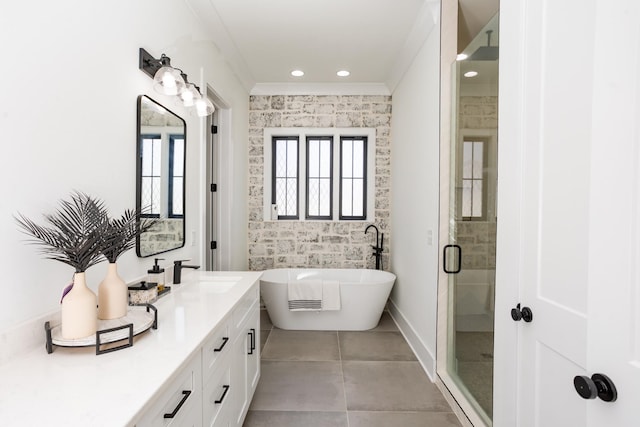 6821 Springwater St, Smyrna, TN 37167 - bathroom with a soaking tub, a shower stall, tile patterned floors, recessed lighting, and vanity