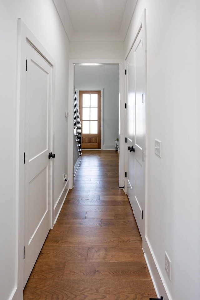 6821 Springwater St, Smyrna, TN 37167 - doorway to outside featuring baseboards, wood finished floors, stairway, and crown molding