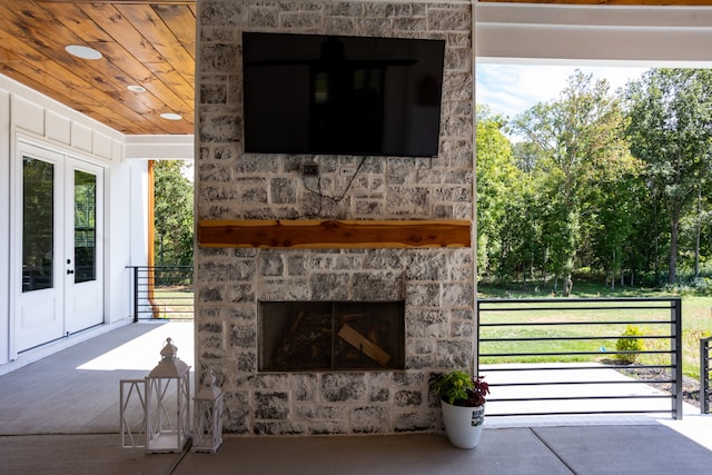 exterior space with a fireplace