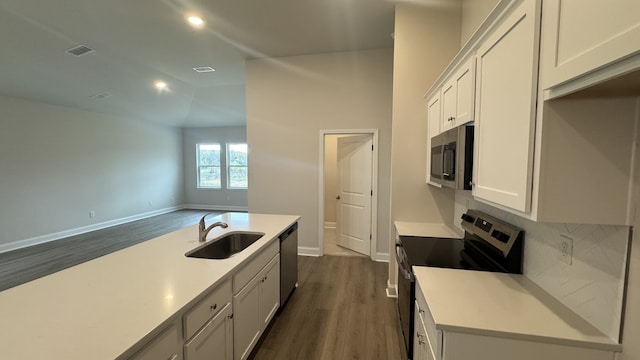 kitchen with white cabinets, dark hardwood / wood-style floors, sink, and appliances with stainless steel finishes