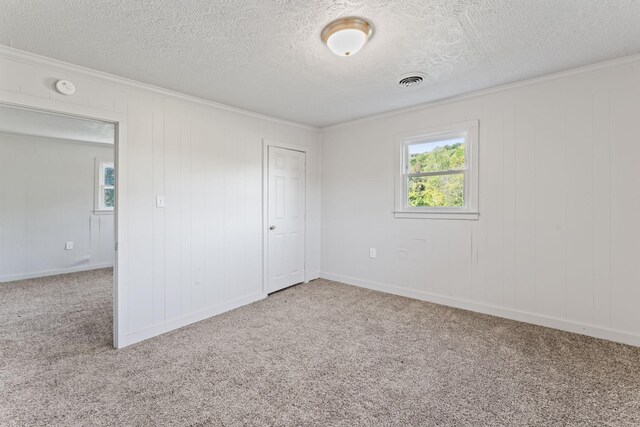 spare room featuring light carpet, crown molding, and a textured ceiling