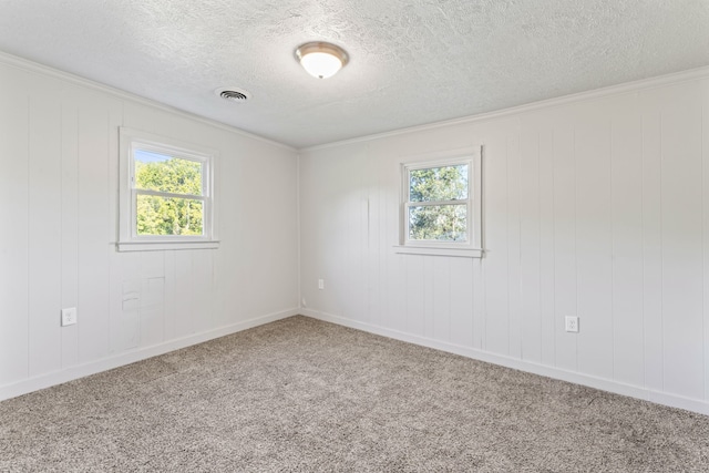 carpeted spare room featuring a textured ceiling, plenty of natural light, and crown molding