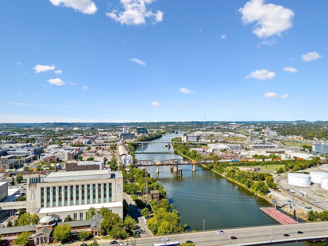 drone / aerial view with a water view and a view of city