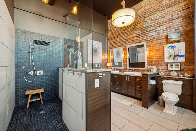 bathroom featuring toilet, vanity, and walk in shower